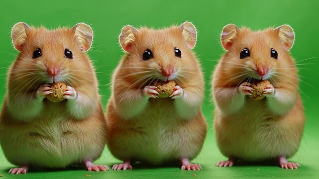 Tiny Trio Munching: Capture the adorable charm of three fluffy hamsters, each delicately clutching a tasty morsel, creating a heart warming scene.