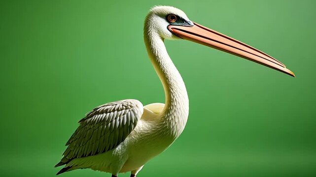  Majestic Pelican: Capturing the elegance of a majestic pelican with its distinct beak and graceful form against a vibrant green backdrop.