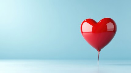 A glossy red heart-shaped balloon against a light blue background