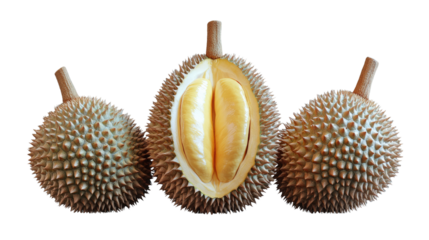 Exotic Durian Trio: A close-up studio shot reveals three ripe durian fruits, one expertly sliced to showcase the creamy, golden flesh, all set against a clean backdrop.