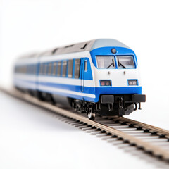 Fototapeta premium Modern blue passenger train on track with white background