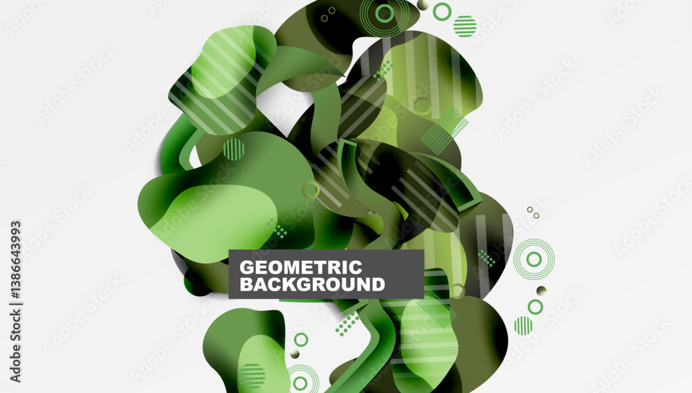 Aufkleber Green shapes overlap, creating dynamic composition. Lines, circles, rectangles form abstract design. Modern, vibrant, geometric background.