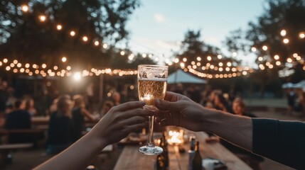 Colleagues celebrating success with a toast at an outdoor team-building event, happy and excited expressions