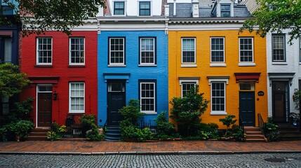 Naklejka premium Colorful row houses, city street, green plants, cobblestone