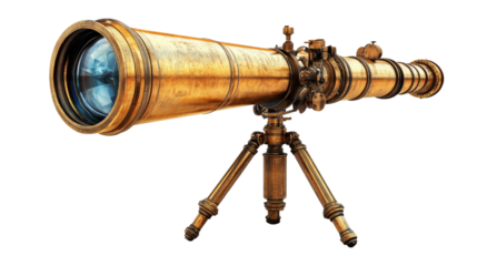 Vintage Telescope: An exquisite antique brass telescope, positioned on a tripod, offering a captivating glimpse into the cosmos, showcasing a blend of scientific curiosity and timeless aesthetic.