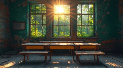 Fototapeta premium Sunlit Abandoned Classroom: A Nostalgic View of Time's Passage