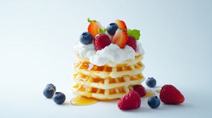 A stack of soft waffles with syrup, whipped cream, and fresh berries. Featuring sweetness and indulgence
