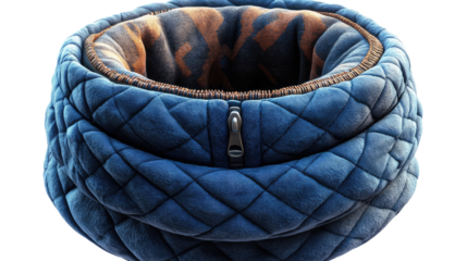 Cozy Winter Neck Warmer: A detailed close-up of a quilted blue neck warmer, featuring a soft, patterned interior lining and a functional zipper, perfect for chilly weather.