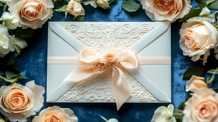 Invitation in the bloom: A beautifully arranged composition presents an elegant, intricately designed invitation, adorned with delicate floral accents. The invitation sits amidst a wreath of soft.