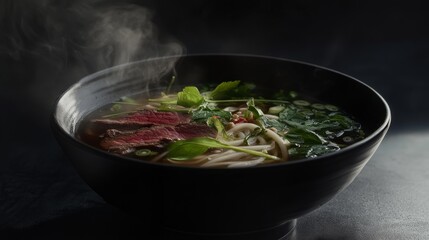 A steaming bowl of pho with beef, noodles, and herbs. Featuring comfort and authenticity