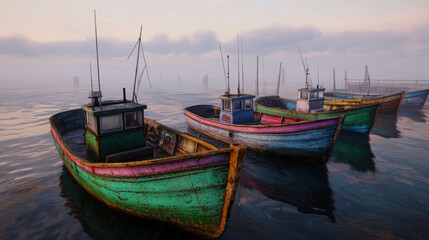 Fototapeta premium Colorful Fishing Boats Moored in Misty Water at Dawn with Calm Reflections and Soft Light