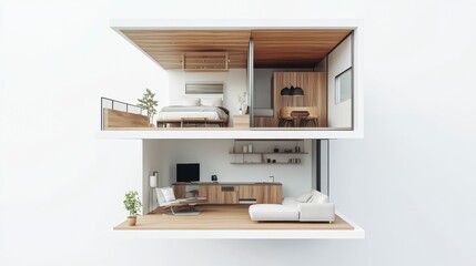 Modern Minimalist Apartment Interior Two Level Cross Section View