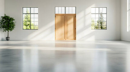 Bright Minimalist Empty Room Interior with Wooden Door and Sunlight