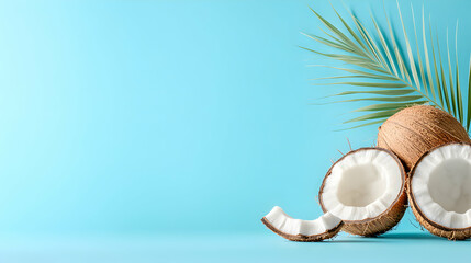 Ripe Coconuts with Palm Leaf on Blue Background