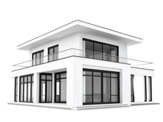 Minimalist white single family house with flat roof, large windows, and geometric facade, isolated on white background