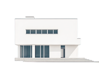 Minimalist white single family house with flat roof, large windows, and geometric facade, isolated on white background
