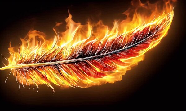 A vibrant feather engulfed in fiery orange and red flames, against a stark black background. Intricate details abound