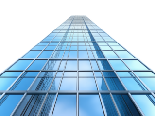 Modern glass skyscraper with sleek steel frame and reflective blue windows reaching toward clouds, isolated on white background
