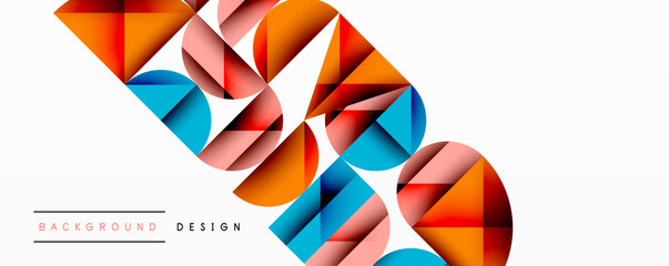 Abstract geometric shapes, vibrant colors, modern design. Overlapping circles, triangles create dynamic composition. Minimalist style, bright palette.