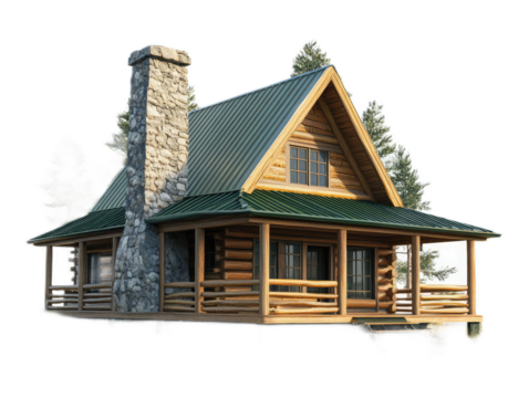 Rustic wooden cabin with stone chimney, green metal roof, and wrap-around deck in pine forest setting, isolated on white background