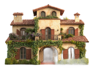 Mediterranean villa with terracotta roof tiles, stucco walls, arched windows, and flowering vine trellis, isolated on white background