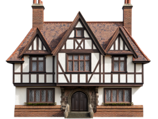 Tudor-style home with decorative half-timbering, steep gabled roof, and ornate chimney stacks, isolated on white background