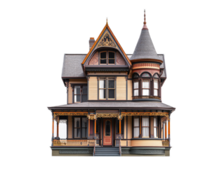 Victorian painted lady house with ornate trim, bay windows, and turret with decorative finial, isolated on white background