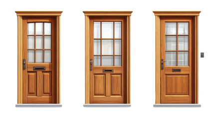 Wooden Door Ensemble: A showcase of three meticulously crafted wooden doors, each radiating timeless elegance and architectural artistry. The doors, in various styles, stand as symbols of invitation.