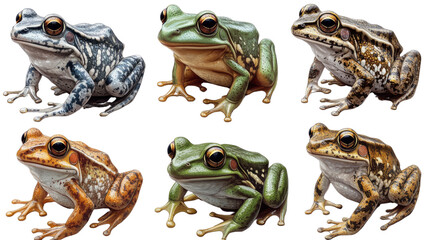 Frog Spectrum: A vibrant array showcases a diverse collection of frog species, capturing a visual exploration of the amphibian world, emphasizing each one's unique and alluring details.