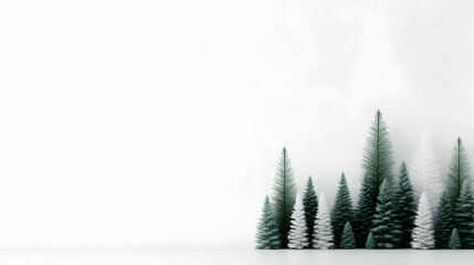 Obraz premium Miniature Green and White Artificial Christmas Trees on White Background