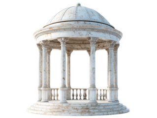 Art deco apartment building with streamlined curves, geometric patterns, and terraced balconies, isolated on white background