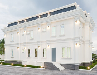 3d rendering of neoclassical villa, exterior design with Landscaped Grounds
