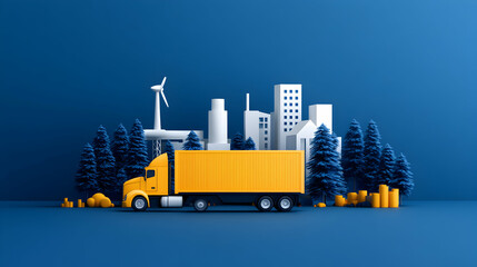 Naklejka premium Yellow Truck Model on Blue Background with Cityscape and Forest