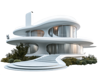 Art deco apartment building with streamlined curves, geometric patterns, and terraced balconies, isolated on white background