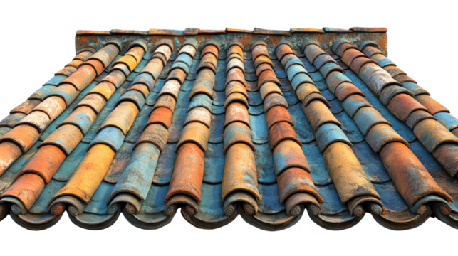 Antique Roof Tiles: A close-up of aged, vibrantly colored roof tiles, revealing intricate textures and an appealing aged aesthetic. Evoking the essence of time.