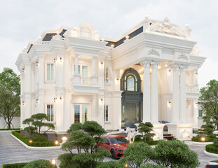 3d rendering of neoclassical villa, exterior design with Landscaped Grounds