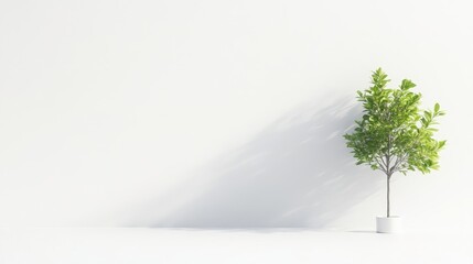 Obraz premium Small Tree in Pot Minimalist White Room Bright Lighting Wide Angle Soft Shadows Peaceful Scene Modern Interior Design Serene Mood Ideal for Home Decor