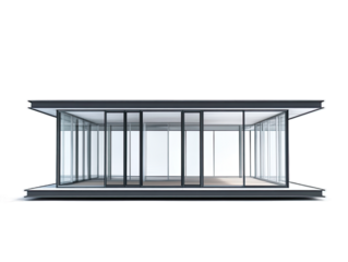 Art deco apartment building with streamlined curves, geometric patterns, and terraced balconies, isolated on white background