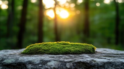 Moss-covered rock, sunlit forest backdrop