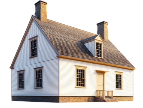 Japanese-inspired minimalist home with sliding paper screens, wooden verandah, and zen rock garden, isolated on white background