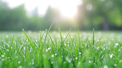 Obraz premium Dew-covered grass blades fill the foreground. The background is a softly blurred green landscape, bathed in sunlight. The image is high-quality, with a shallow depth of field. The style is naturali