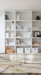 Fototapeta premium blurred background, white bookshelves, living room interior, Marble counter with copy space for your product in blurred living room background, Marble wooden tabletop, 