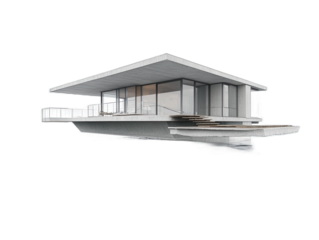 Japanese-inspired minimalist home with sliding paper screens, wooden verandah, and zen rock garden, isolated on white background