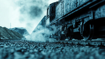 Obraz premium Vintage Steam Train Moving Through Smoky Landscape With Dramatic Atmosphere