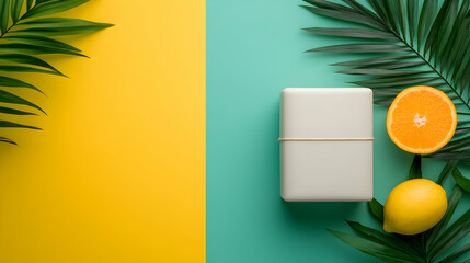 White Gift Box with Citrus Fruits and Palm Leaves on Yellow and Green Background