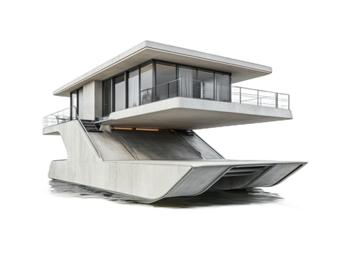 Japanese-inspired minimalist home with sliding paper screens, wooden verandah, and zen rock garden, isolated on white background