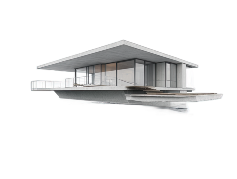 Japanese-inspired minimalist home with sliding paper screens, wooden verandah, and zen rock garden, isolated on white background