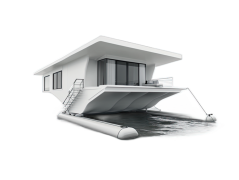 Japanese-inspired minimalist home with sliding paper screens, wooden verandah, and zen rock garden, isolated on white background