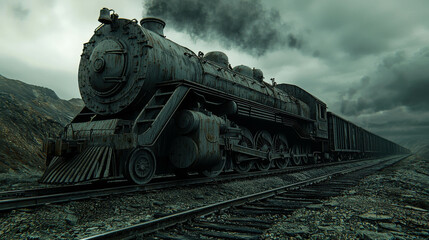 Obraz premium Vintage Steam Locomotive on Abandoned Railway Tracks Under Dramatic Stormy Sky