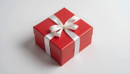 Red gift box isolated on white background. Gift box with white ribbon.